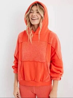 aerie Orange Mixed-Texture Hoodie